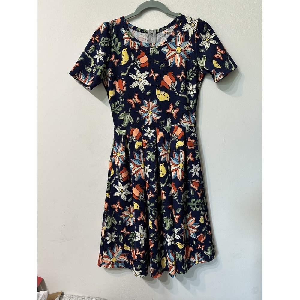 Lularoe Amelia Dress S Small Navy Blue Floral Bird Butterfly Pleated Pockets